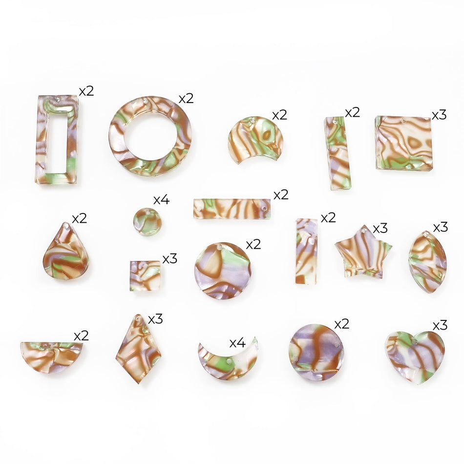 Golden Shell Celluloid Laminate Acrylic Jewellery Making Shapes - 10-33mm, Set of 46, Mixed