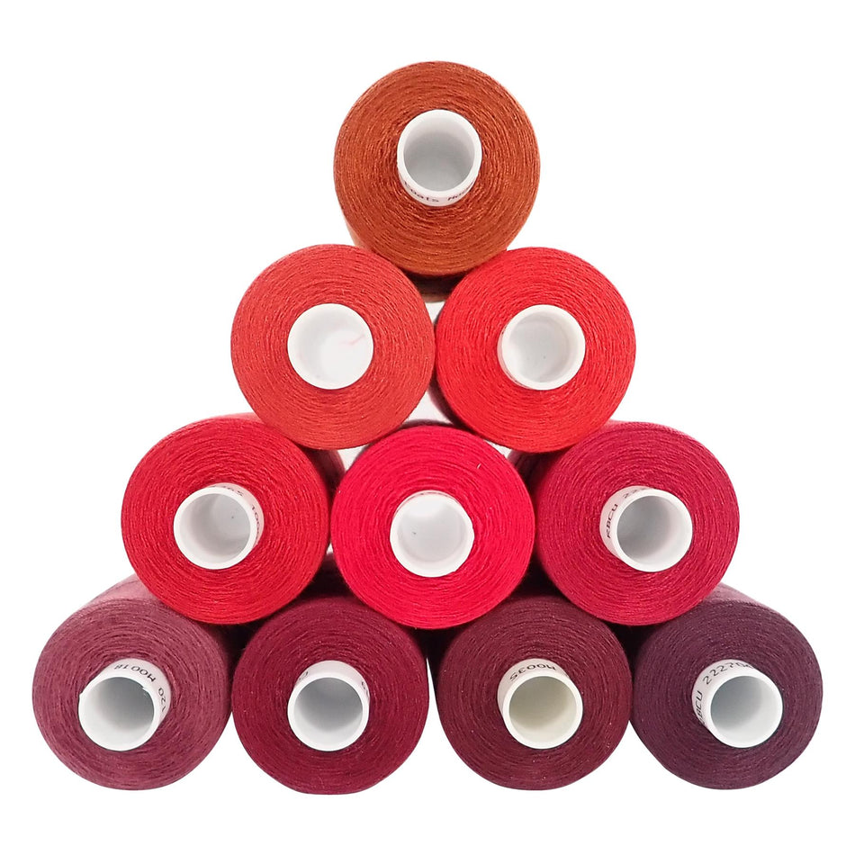 Assorted Reds Spun Polyester Sewing Thread - 1000M, Set of 10