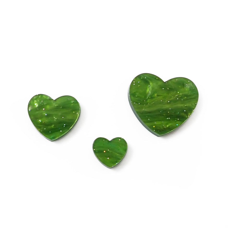 Grass Green Glittering Pearl Acrylic Jewellery Making Shapes - 10-20mm, Set of 24, Hearts