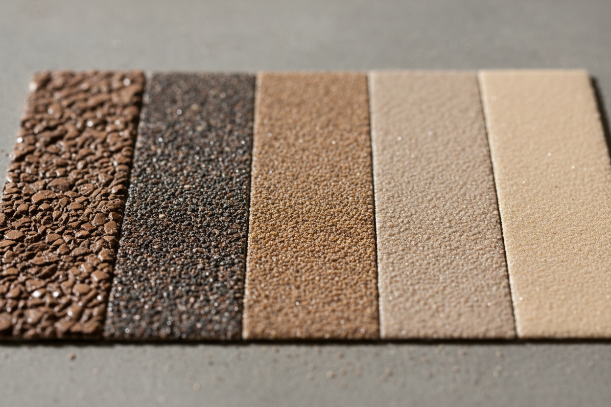 Five sheets of sandpaper at different grits laid out for comparison