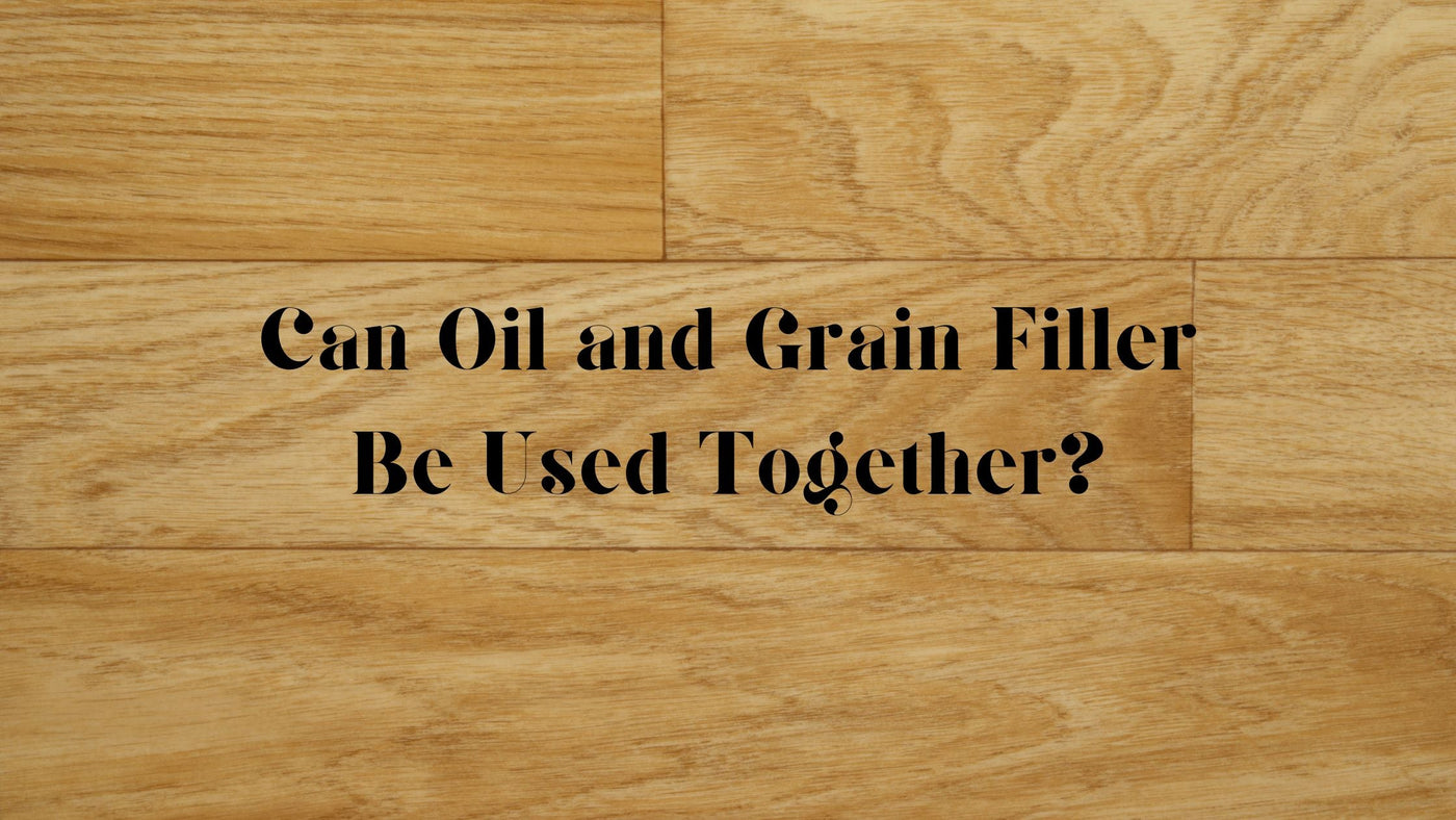Wood-finishing supplies showing an oil finish and a grain filler beside a prepared wood panel