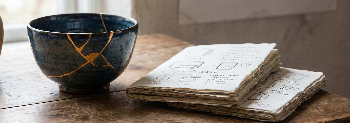 Weathered wooden craft piece displayed in a quiet space, embracing wabi-sabi imperfections