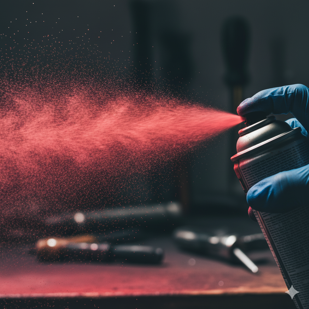 Red aerosol paint can mid-spray against a plain backdrop