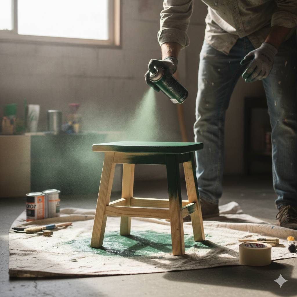 Wooden stool being upcycled with fresh spray paint in a home workshop
