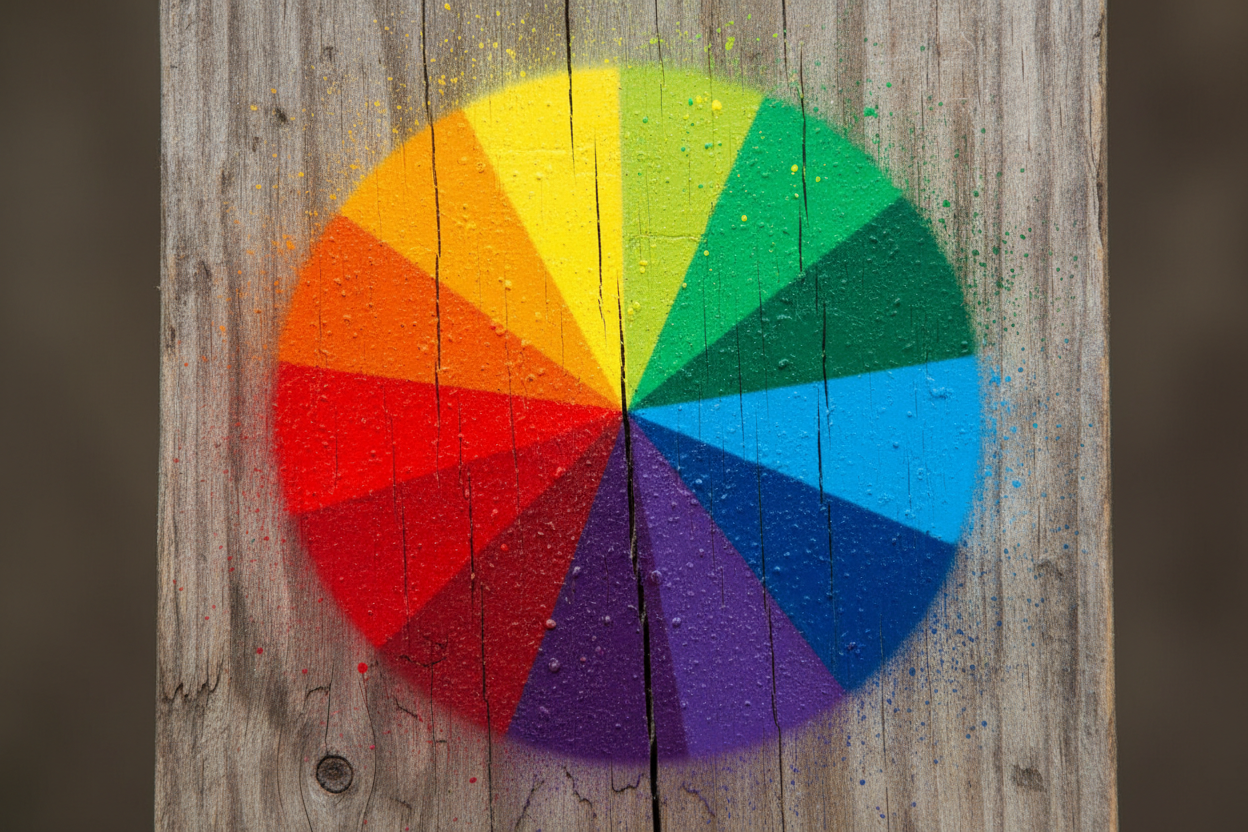 Colour wheel spray-painted onto a wooden board for DIY palette planning