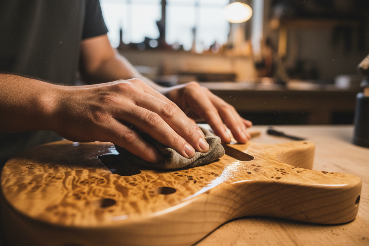 Close-up of hands rubbing a natural oil finish into a figured maple guitar body, deep amber tones in the grain