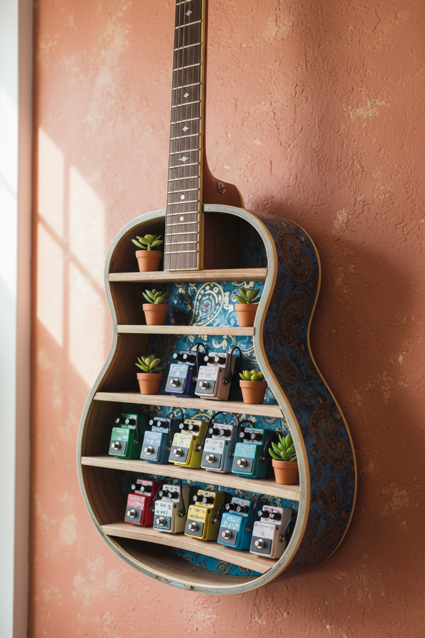 Hollow-body acoustic guitar repurposed into a wall-mounted display case for pedals and houseplants
