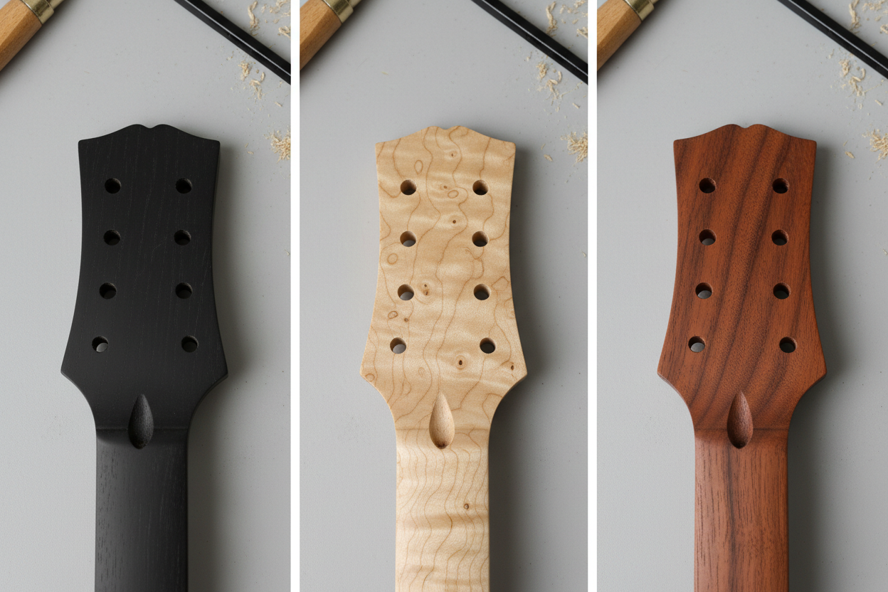 Three unfinished guitar headstocks side by side, veneered in black ebony, birdseye maple and a third wood