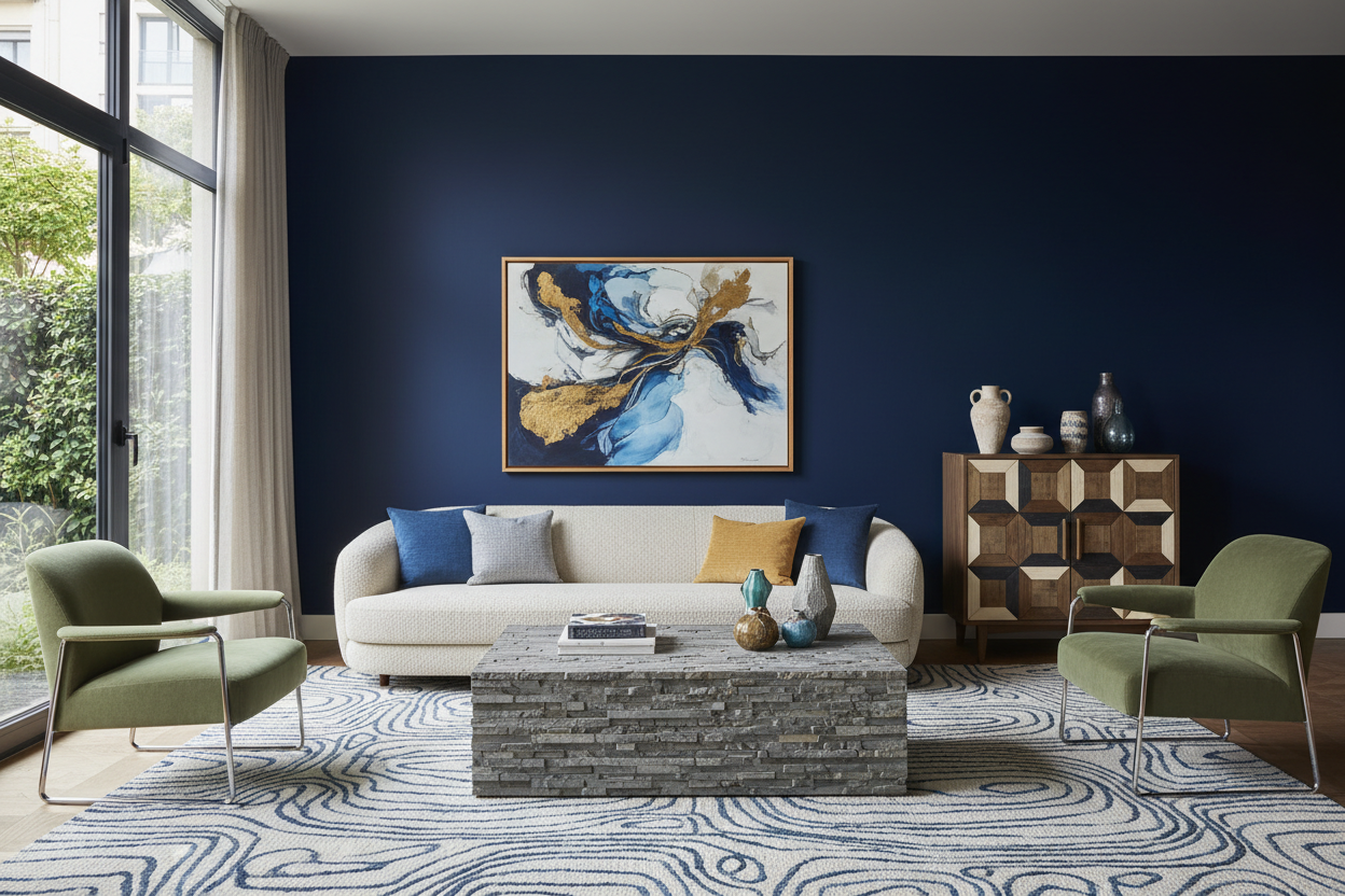 Stylish living room with a navy-drenched wall, DIY faux-stone coffee table and patterned cabinet