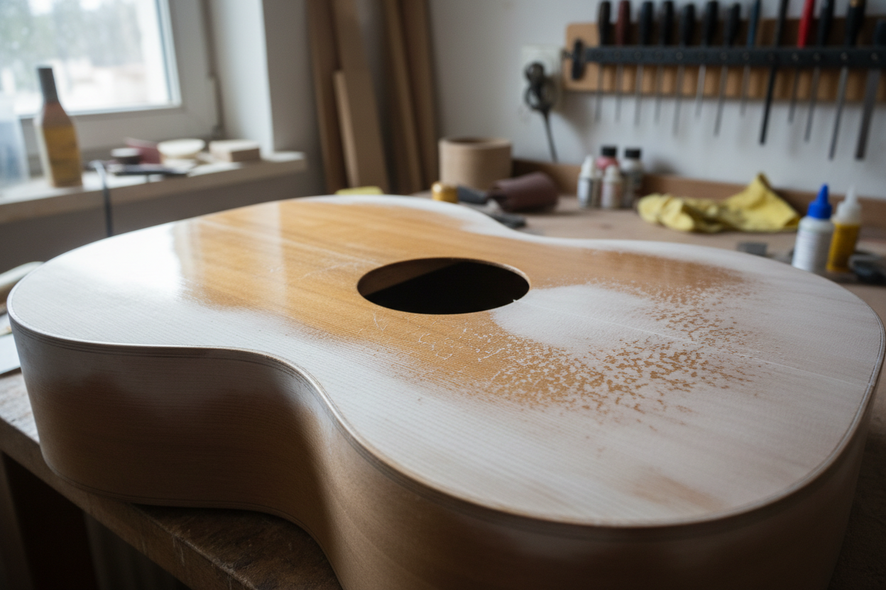 Lacquered guitar surface showing common finishing defects including blushing and orange peel
