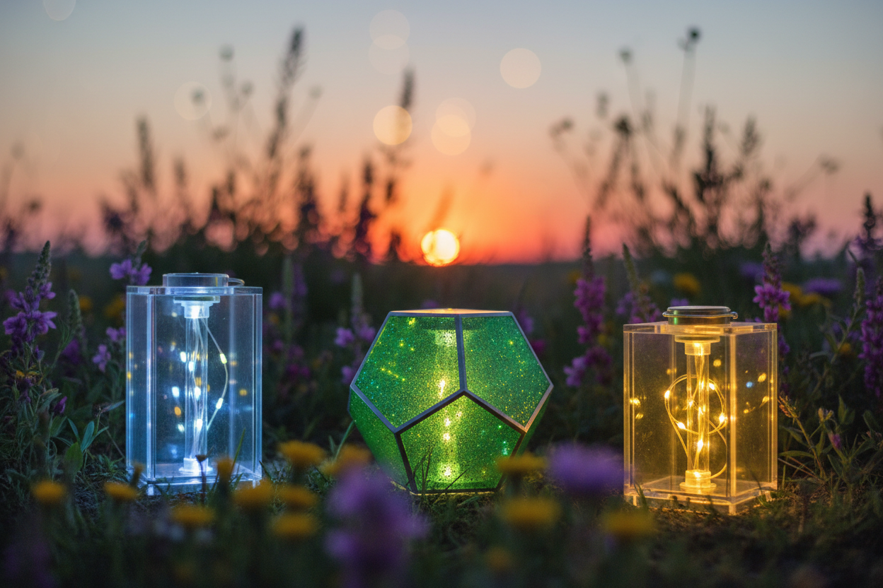 Group of LED-lit acrylic lanterns in geometric shapes with translucent blue and green panels