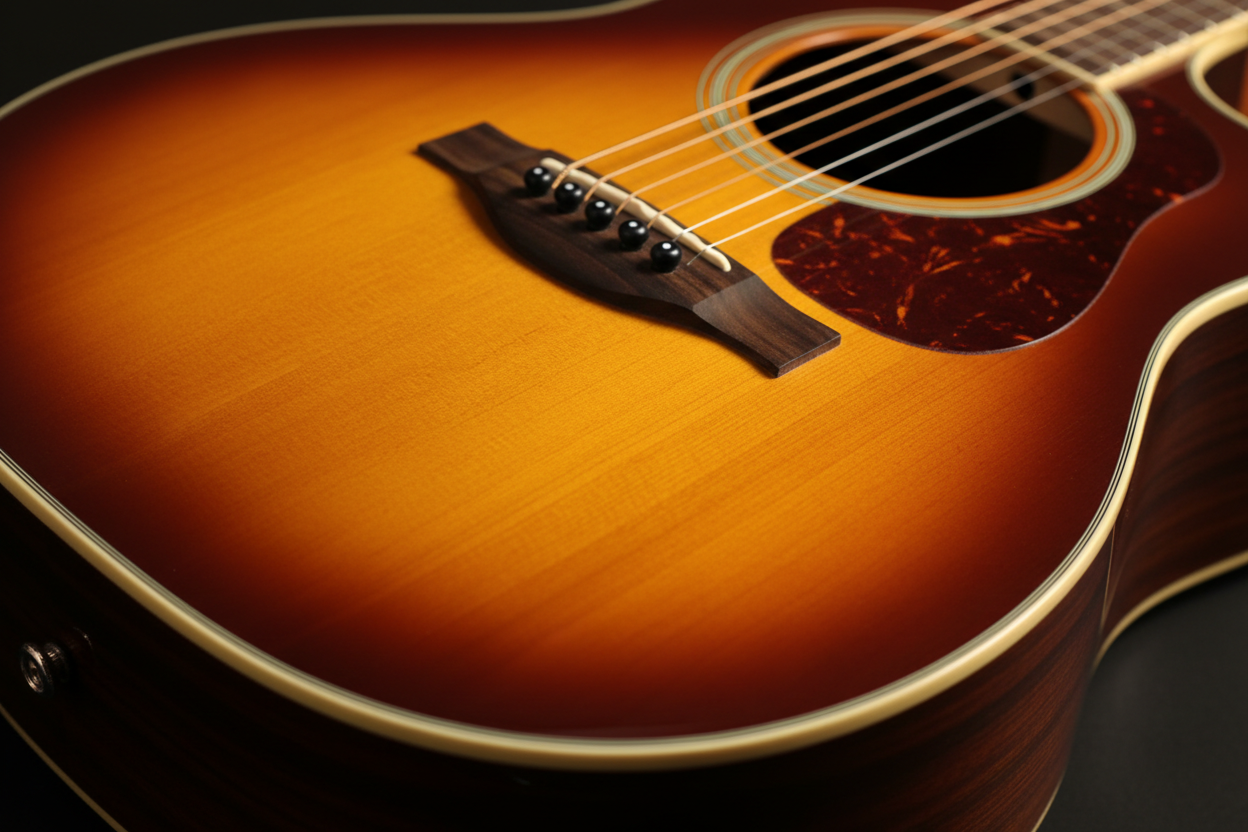 Three-tone sunburst finish on a guitar body, darker amber edges fading into a golden centre