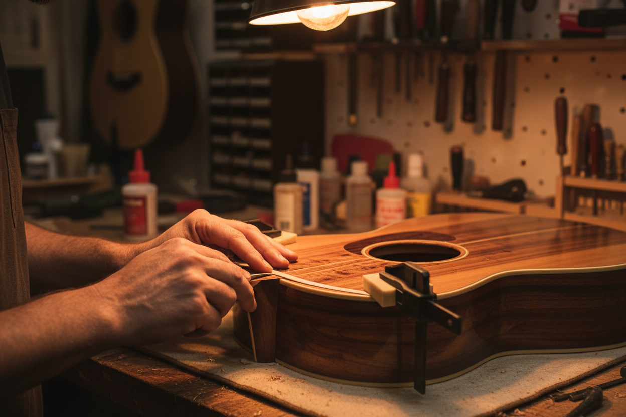 Hands gluing celluloid binding into the routed channel along the edge of a guitar body