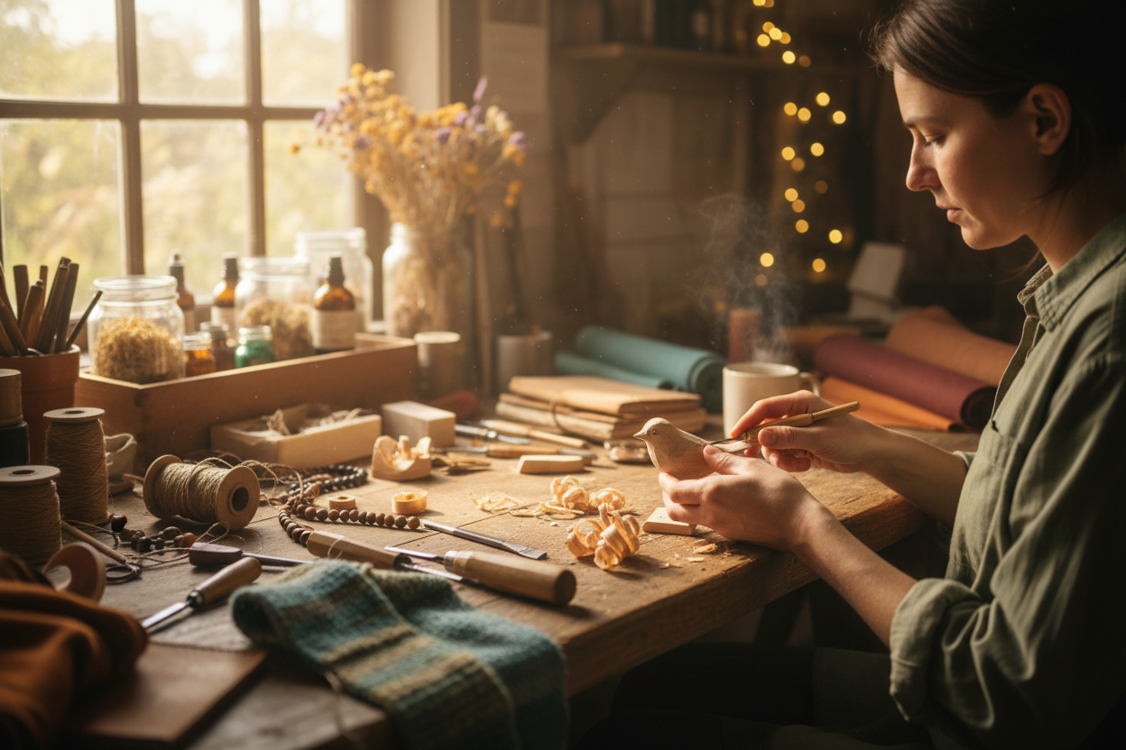 Hands carefully working on a handcrafted gift in a calm makers' setting