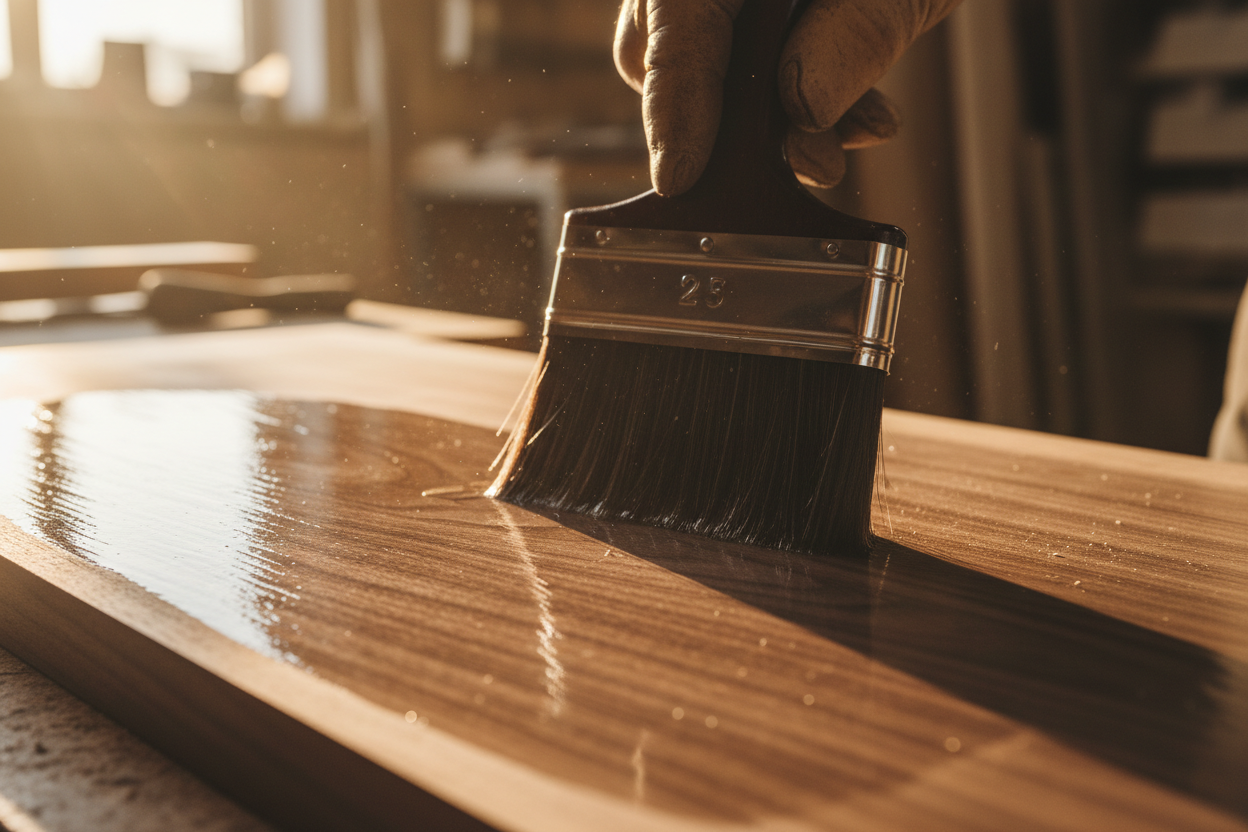 Brushing a clear polyurethane varnish onto a figured walnut plank in warm raking light