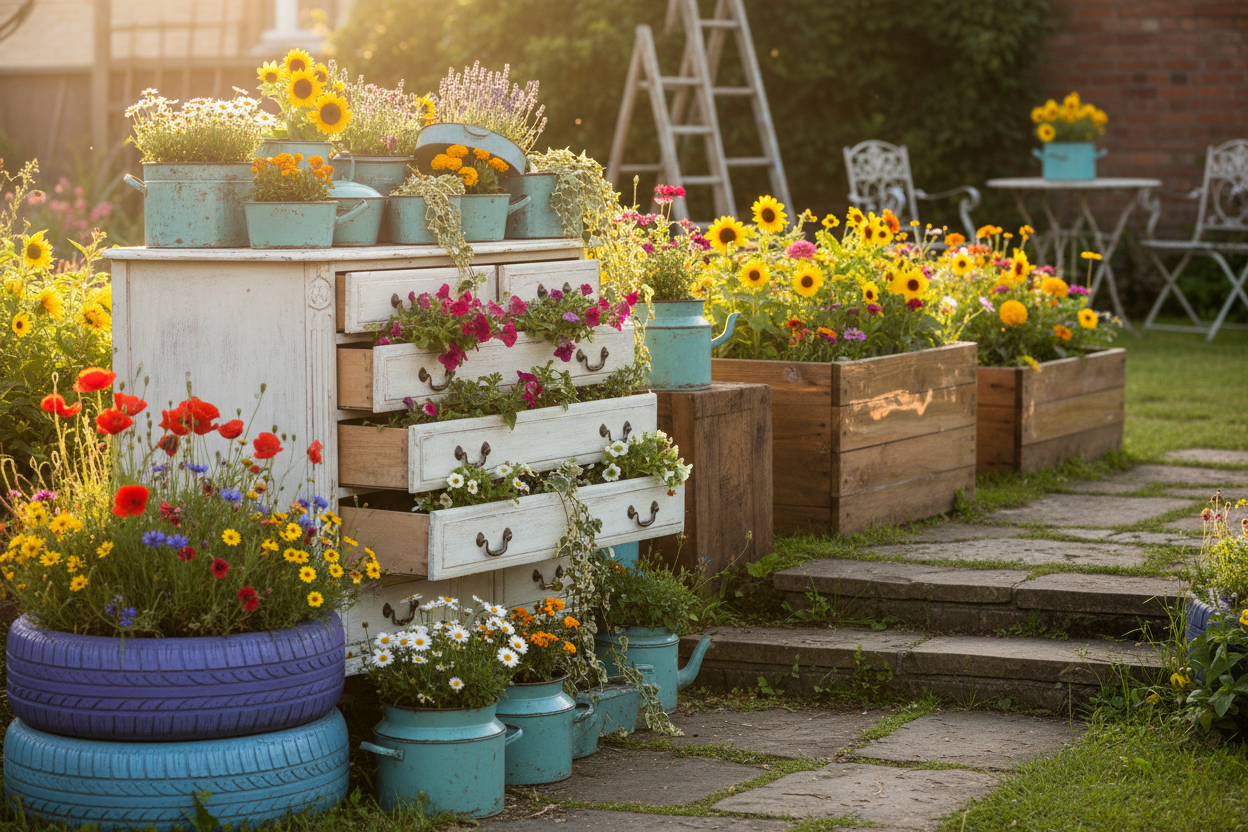 Upcycled garden planters with fresh paint finishes, arranged outdoors