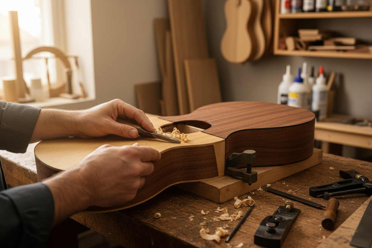 Workbench laid out with the core materials needed to build an electric guitar