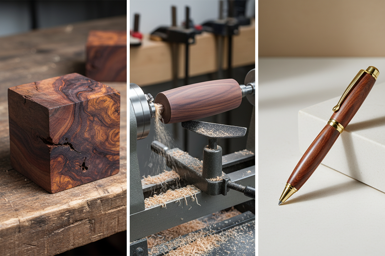 Three-panel progression of a pen blank: raw exotic-wood block, lathe-shaped cylinder, finished pen