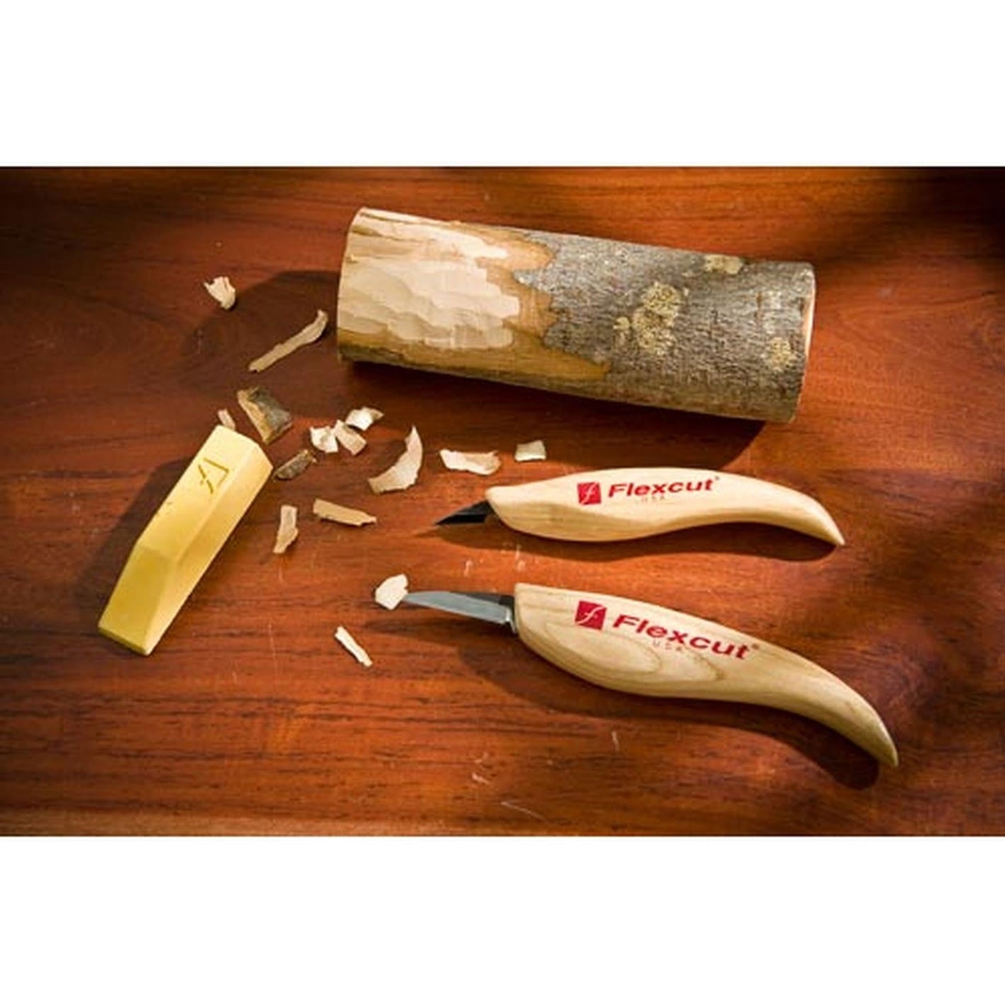 Wood being carved with flex cut tool