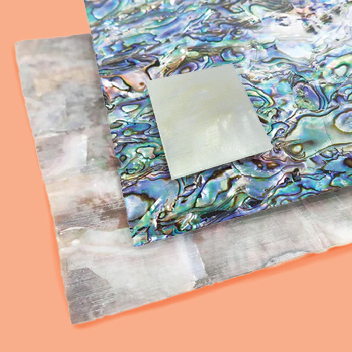 Selection of mother of pearl and abalone shell blanks, veneers and inlays