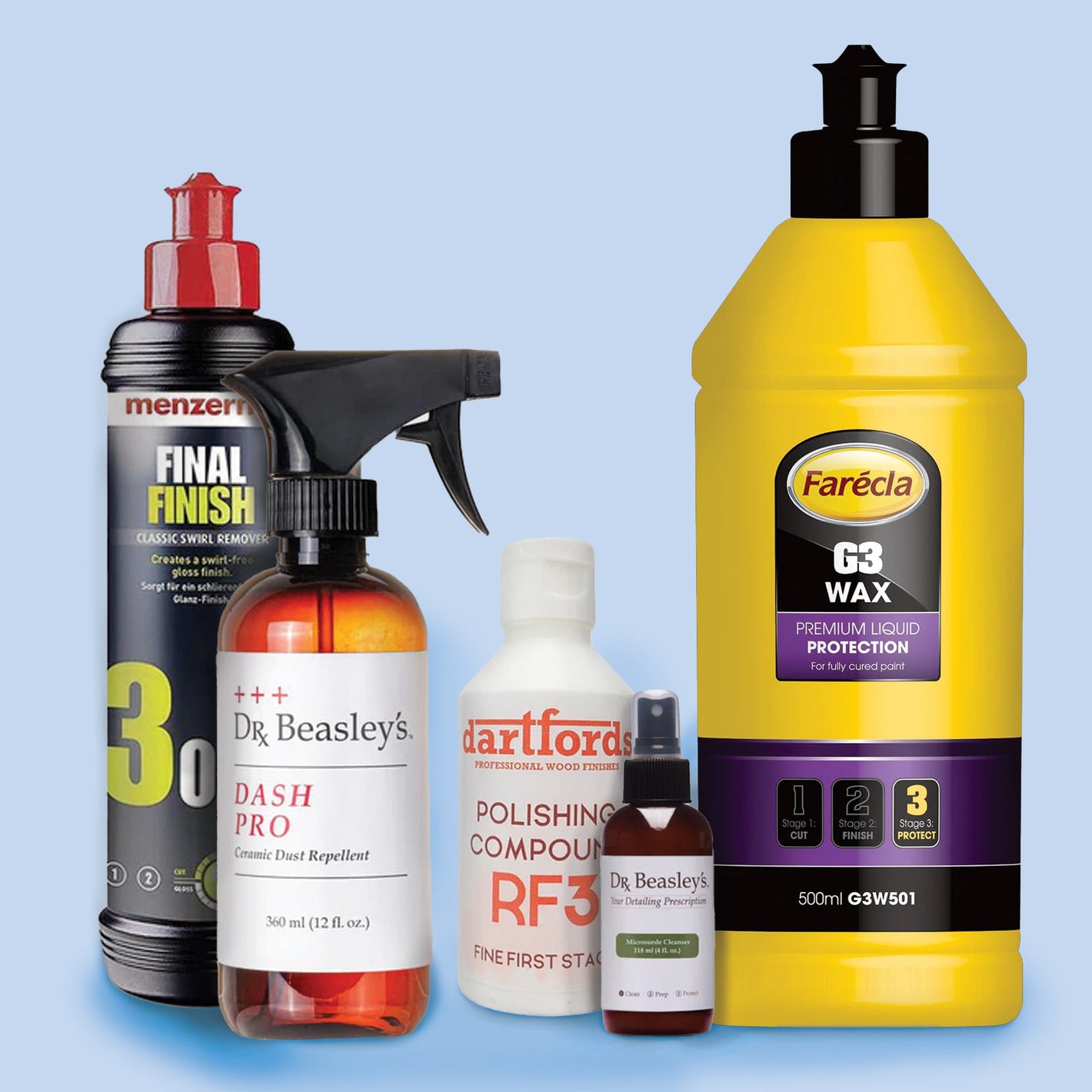 Bottles and tins of polishing compounds and surface cleaners grouped together