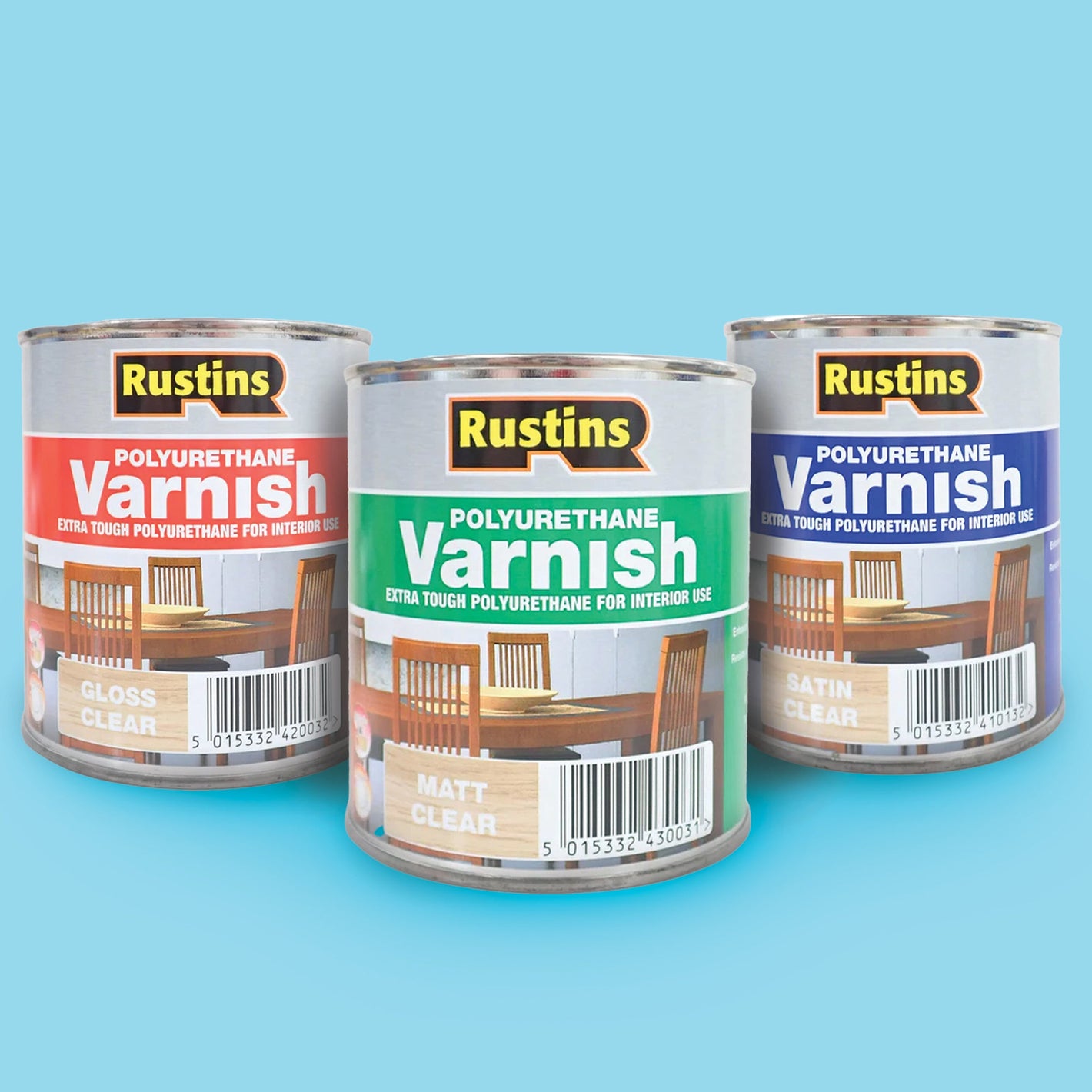 Tins of polyurethane varnish for furniture and joinery