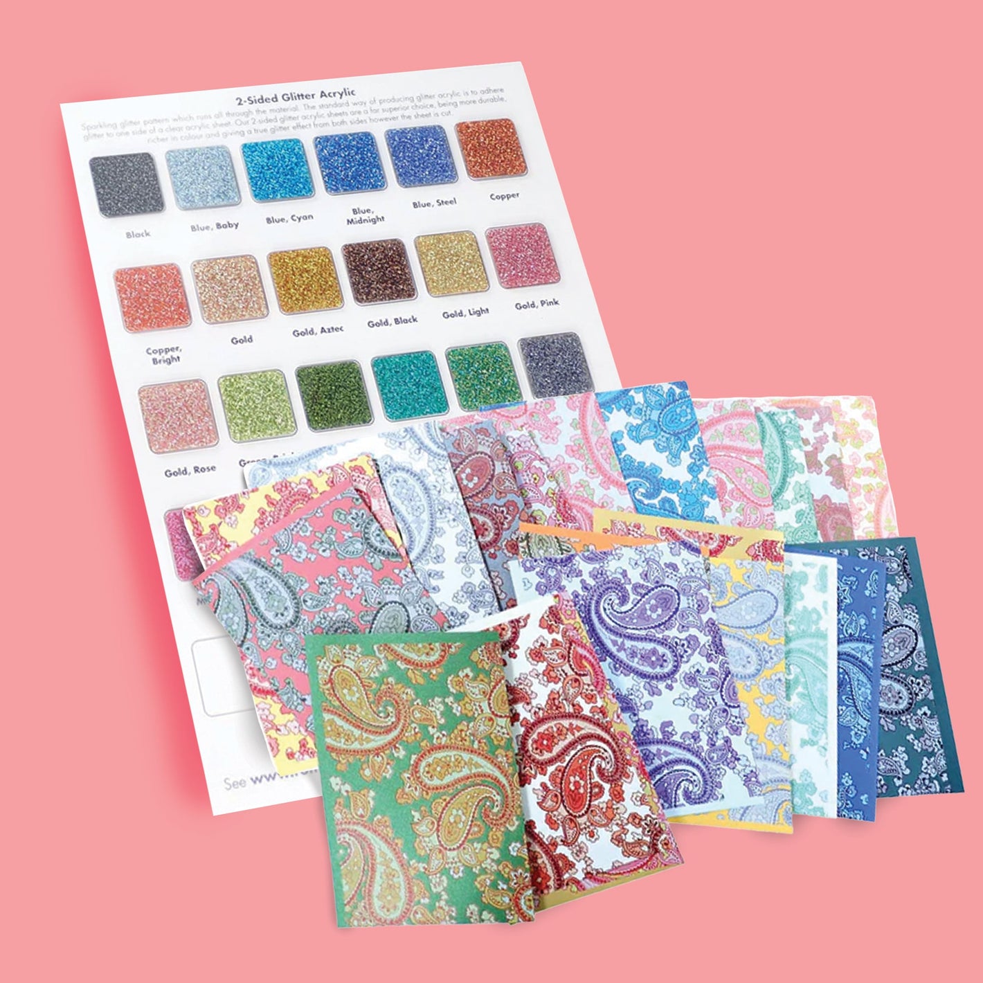 Material sample swatches in mixed colours for reference