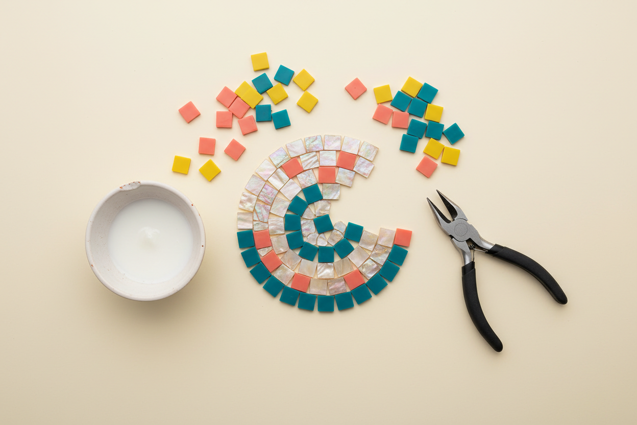 Top-down flat lay of mosaic tiles being arranged into a pattern on a cream background