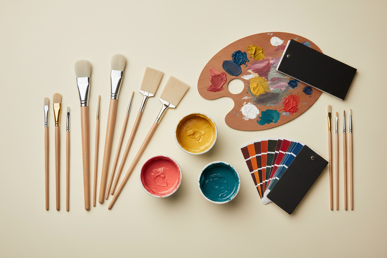 Top-down flat lay of round, flat and fine brushes alongside open paint pots in coral pink and yellow