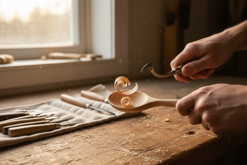 Wood being carved with flex cut tool
