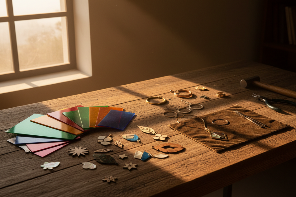 Sunlit artisan workbench covered with jewellery-making supplies and colourful materials
