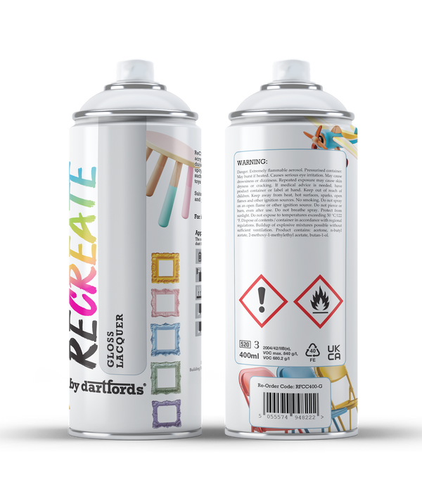 RECREATE Clear Gloss Spray Varnish Lacquer for Wood, Metal, Plastic | Quick Drying, Smooth, Durable, Easy-to-Apply, Multi-Surface Spray Varnish | Suitable for Indoor / Outdoor | For Furniture, Craft, Doors, Ornaments, Pots, Frames