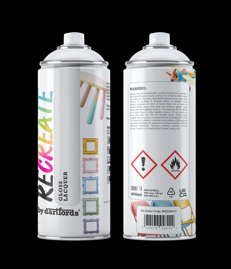 RECREATE Clear Gloss Spray Varnish Lacquer for Wood, Metal, Plastic | Quick Drying, Smooth, Durable, Easy-to-Apply, Multi-Surface Spray Varnish | Suitable for Indoor / Outdoor | For Furniture, Craft, Doors, Ornaments, Pots, Frames