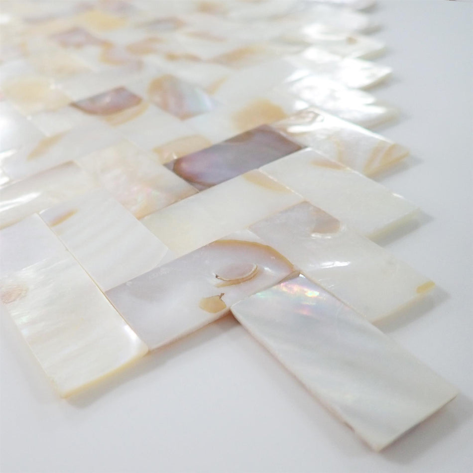 Natural Mother of Pearl Herringbone Gapless Mosaic Tiles - 280x300x2mm, Pack of 4, Mesh Backing