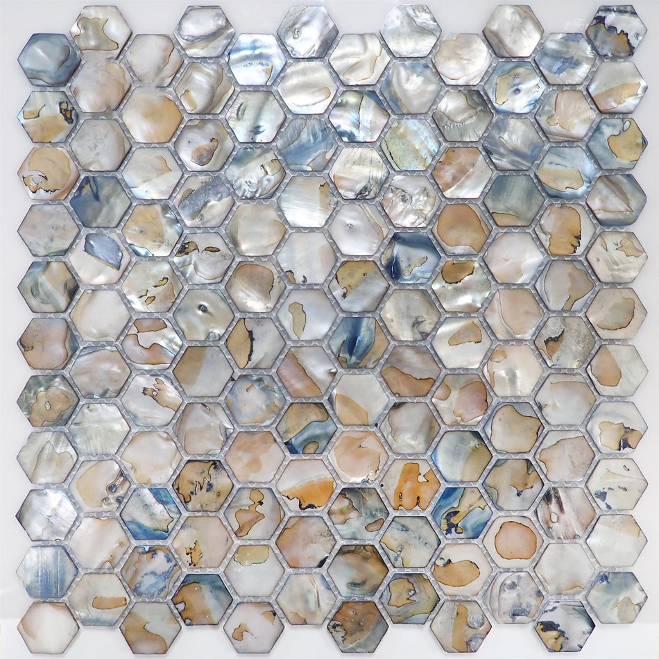 Grey Mother of Pearl Hexagon Mosaic Tile - 295x285mm, Mesh Backing