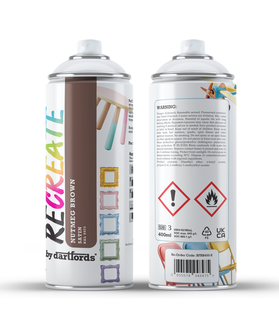 RECREATE Nutmeg Brown Satin Spray Paint for Wood, Metal, Plastic | Quick Drying, Smooth, Durable, Easy-to-Apply | Suitable for Indoor / Outdoor | For Furniture, Craft, Doors, Ornaments, Pots, Frames