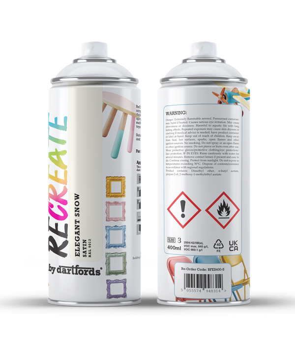 Recreate Elegant Snow White Satin Interior/Exterior Spray Paint For Wood, Metal and Plastic - 400ml Aerosol