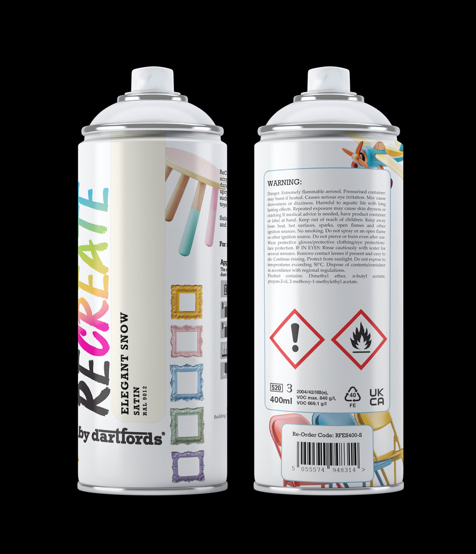 Recreate Elegant Snow White Satin Interior/Exterior Spray Paint For Wood, Metal and Plastic - 400ml Aerosol