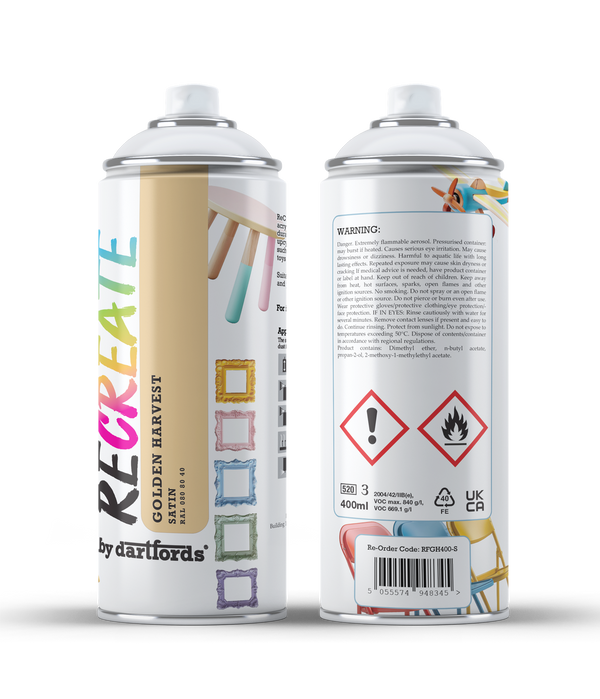 RECREATE Golden Harvest Yellow Gloss Spray Paint for Wood, Metal, Plastic | Quick Drying, Smooth, Durable, Easy-to-Apply | Indoor / Outdoor | For Furniture, Craft, Doors, Ornaments, Pots, Frames