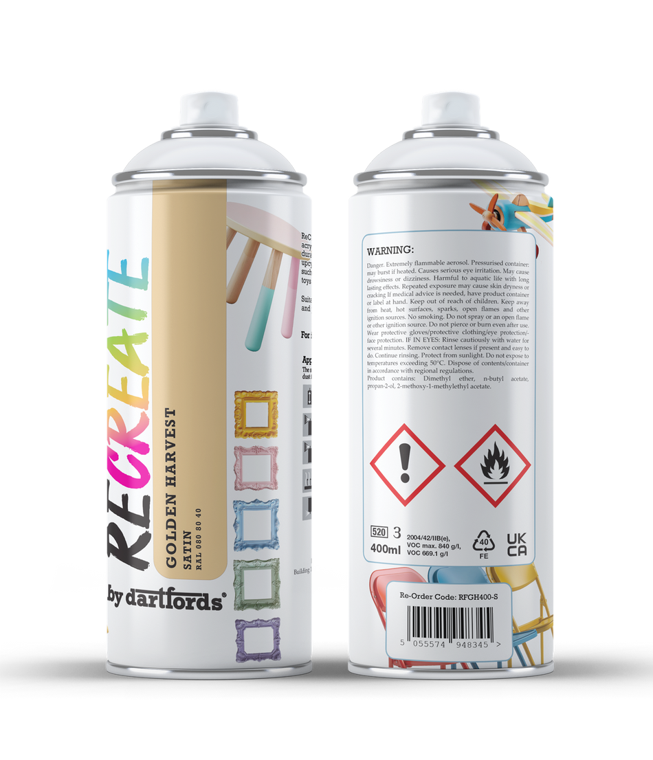 RECREATE Golden Harvest Yellow Gloss Spray Paint for Wood, Metal, Plastic | Quick Drying, Smooth, Durable, Easy-to-Apply | Indoor / Outdoor | For Furniture, Craft, Doors, Ornaments, Pots, Frames