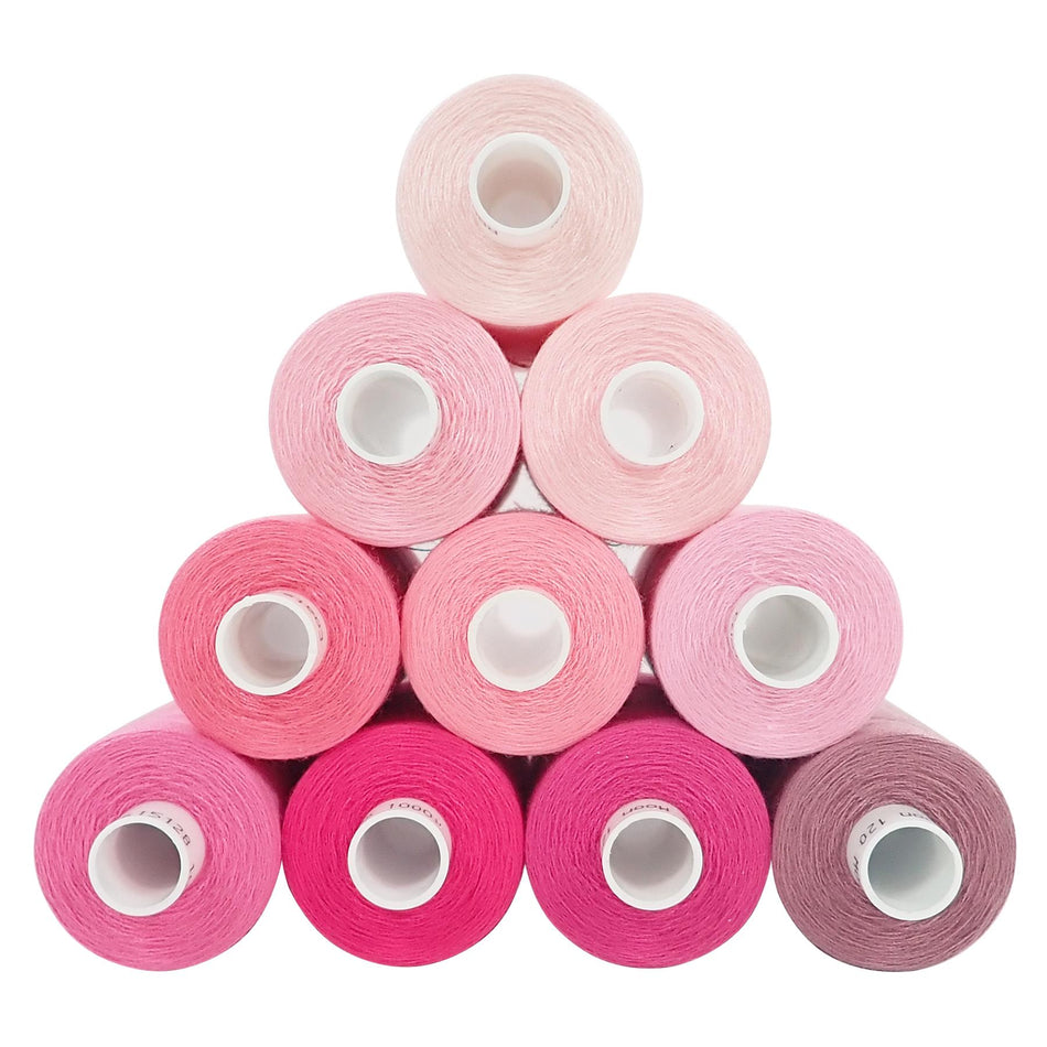 Assorted Pinks Spun Polyester Sewing Thread - 1000M, Set of 10