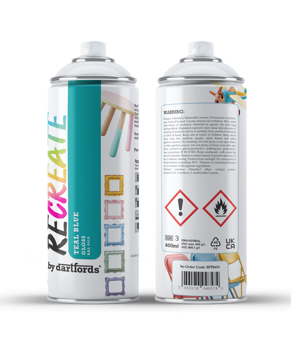 RECREATE Teal Blue Gloss Spray Paint for Wood, Metal, Plastic | Quick Drying, Smooth, Durable, Easy-to-Apply | Suitable for Indoor / Outdoor | For Furniture, Craft, Doors, Ornaments, Pots, Frames