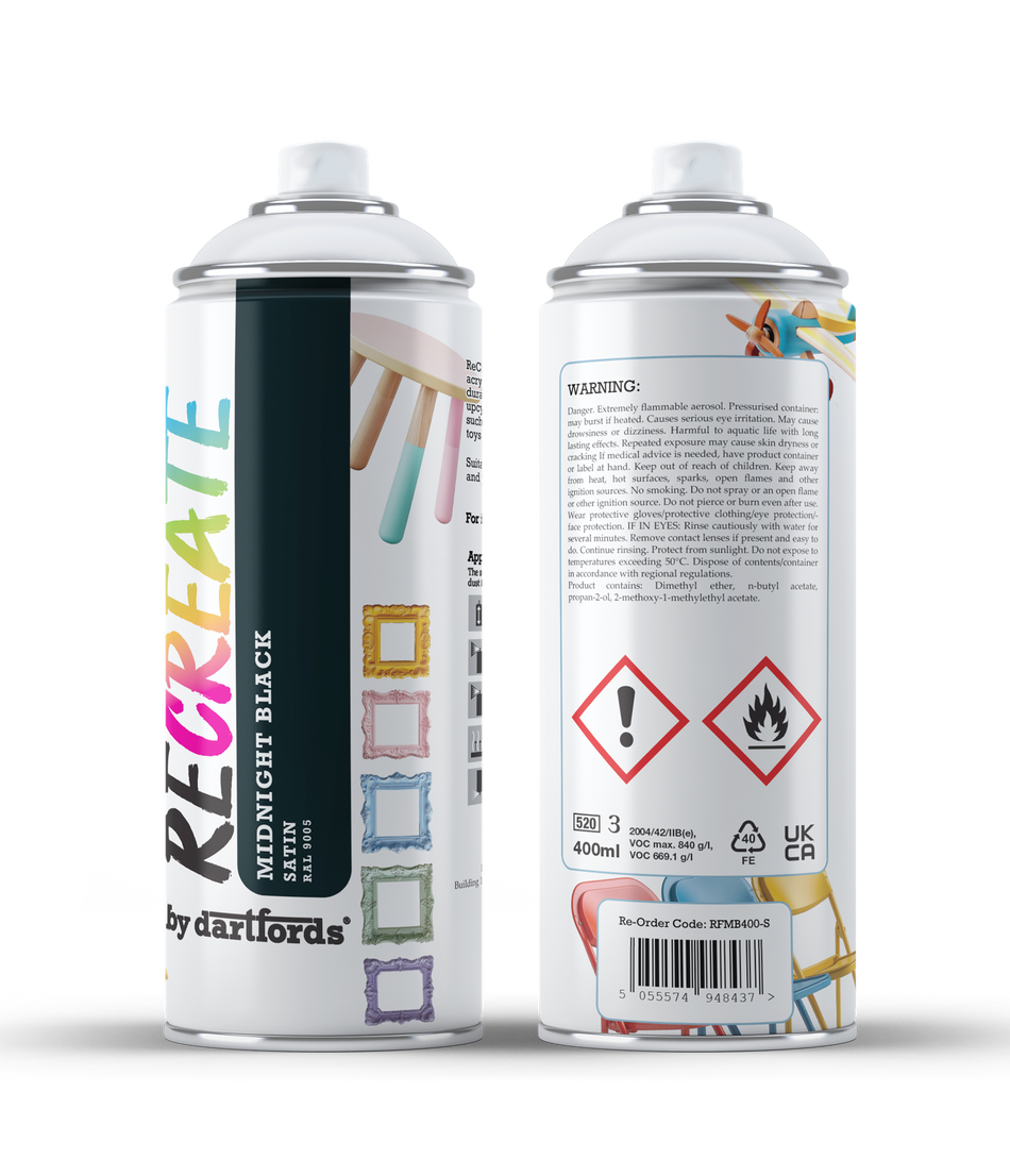 RECREATE Midnight Black Satin Spray Paint for Wood, Metal, Plastic | Quick Drying, Smooth, Durable, Easy-to-Apply | Suitable for Indoor / Outdoor | For Furniture, Craft, Doors, Ornaments, Pots, Frames