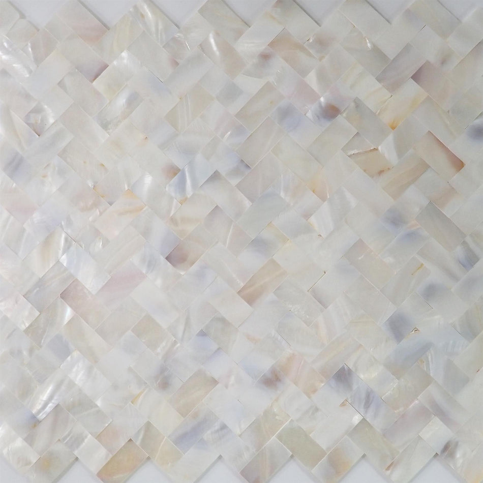 White Mother of Pearl Herringbone Gapless Mosaic Tile - 280x300mm, Mesh Backing