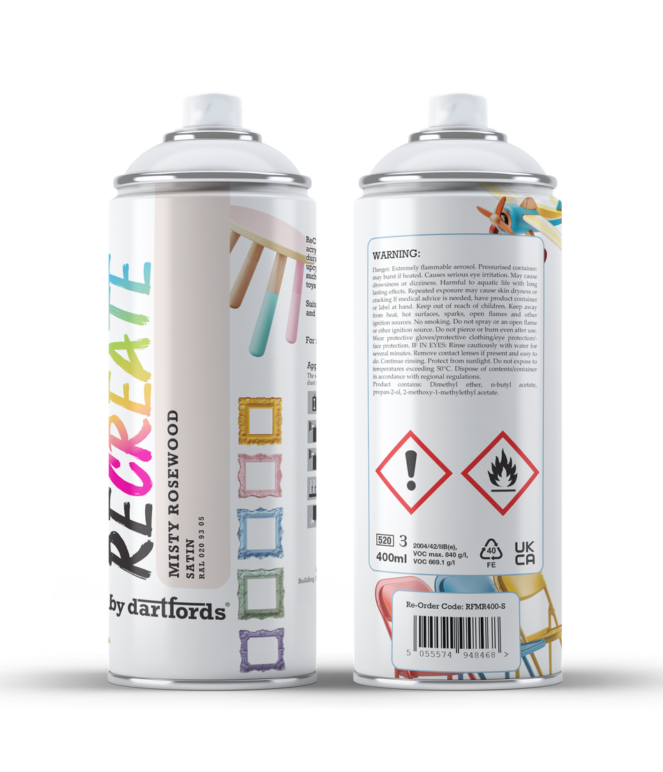 RECREATE Misty Rosewood White Satin Spray Paint for Wood, Metal, Plastic | Quick Drying, Smooth, Durable, Easy-to-Apply | Indoor / Outdoor | For Furniture, Craft, Doors, Ornaments, Pots, Frames