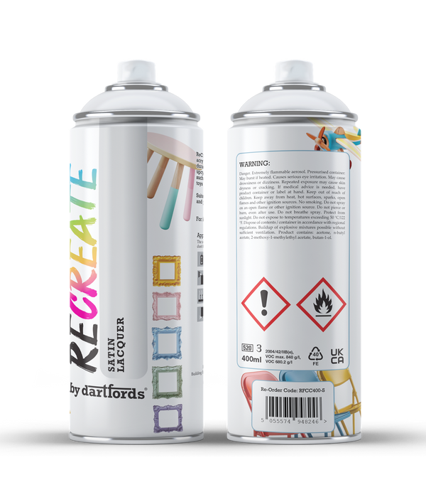 RECREATE Clear Satin Spray Varnish Lacquer for Wood, Metal, Plastic | Quick Drying, Smooth, Durable, Easy-to-Apply, Multi-Surface Spray Varnish | Suitable for Indoor / Outdoor | For Furniture, Craft, Doors, Ornaments, Pots, Frames