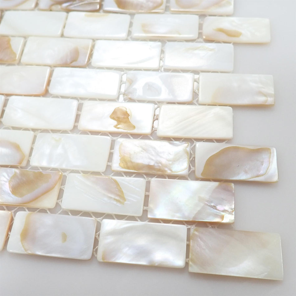 Natural Mother of Pearl Brick Mosaic Tiles - 300x300x2mm, Pack of 4, Mesh Backing