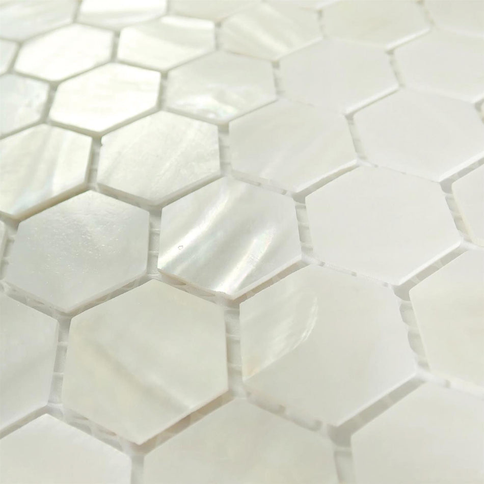 White Mother of Pearl Hexagon Mosaic Tiles - 295x285x2mm, Pack of 4, Mesh Backing