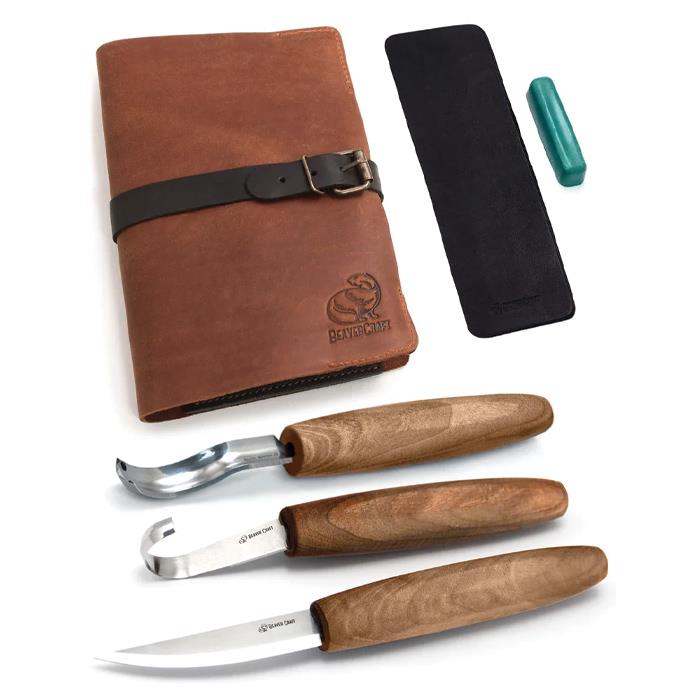 S14X Spoon Carving Set with Gouge (Sk5Rx + K8A/14 + C1x + Honing Acc) In Genuine Leather Roll