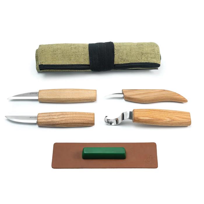 S48 Wood Carving Tool Set For Spoon Carving (4 Tools In Roll + Accessories)